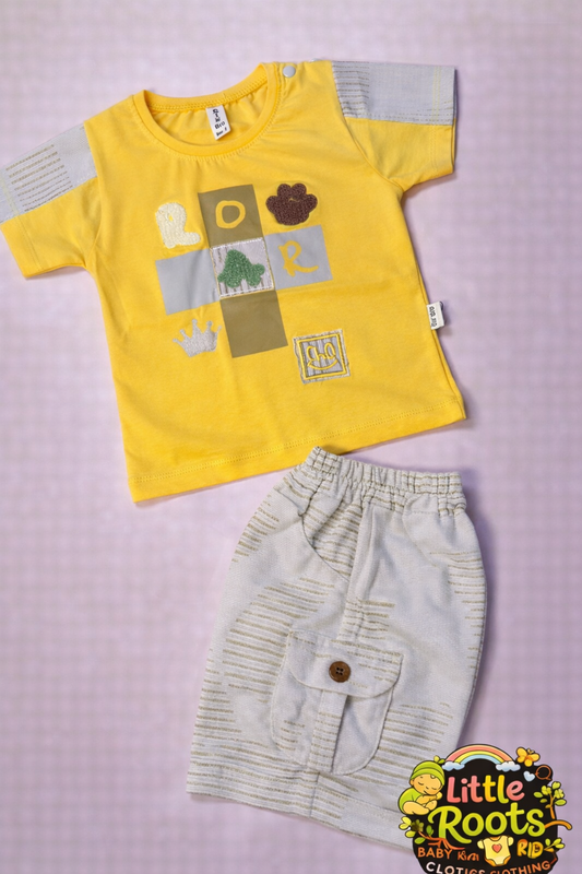Baby Boy 2-Piece Summer Shirt & Shorts Set – Cotton Graphic T-Shirt with Cargo Shorts (Green, Yellow & Orange)