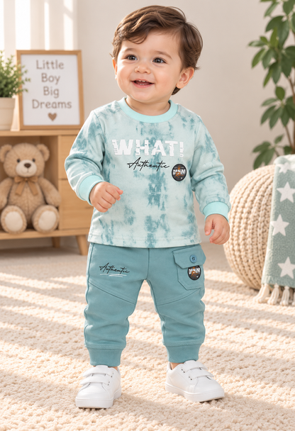 Baby Boy Terry 2-Piece Set – Acid Wash Style Shirt & Jogger Trousers | 3–6 & 6–9 Months | LittleRoots Pakistan