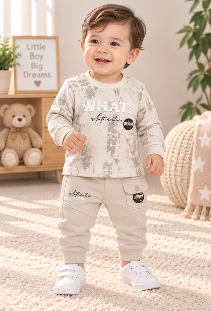 Baby Boy Terry 2-Piece Set – Acid Wash Style Shirt & Jogger Trousers | 3–6 & 6–9 Months | LittleRoots Pakistan