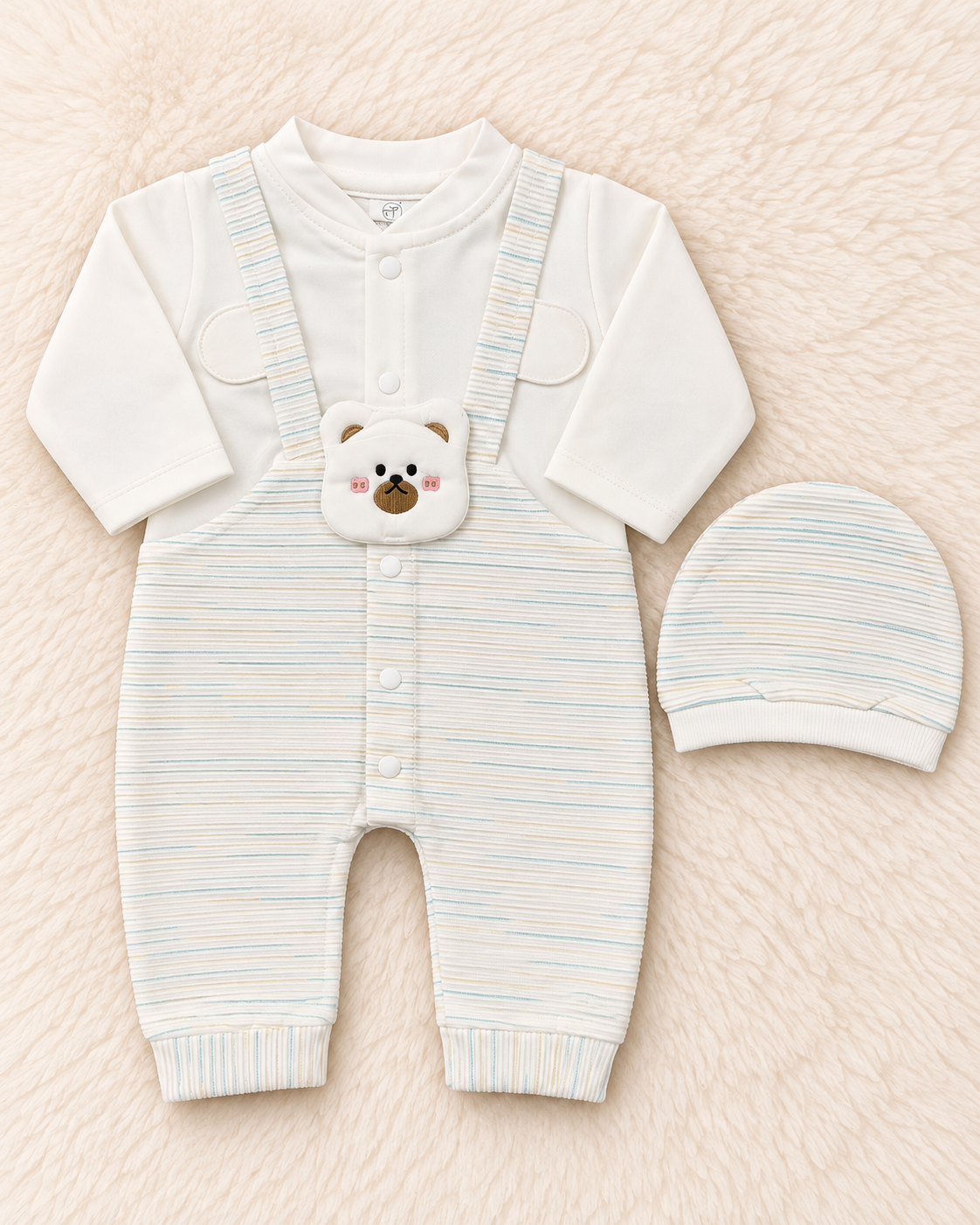 Baby Girl Terry Romper with Bear Pocket & Matching Cap | 0–3 Months | LittleRoots Pakistan