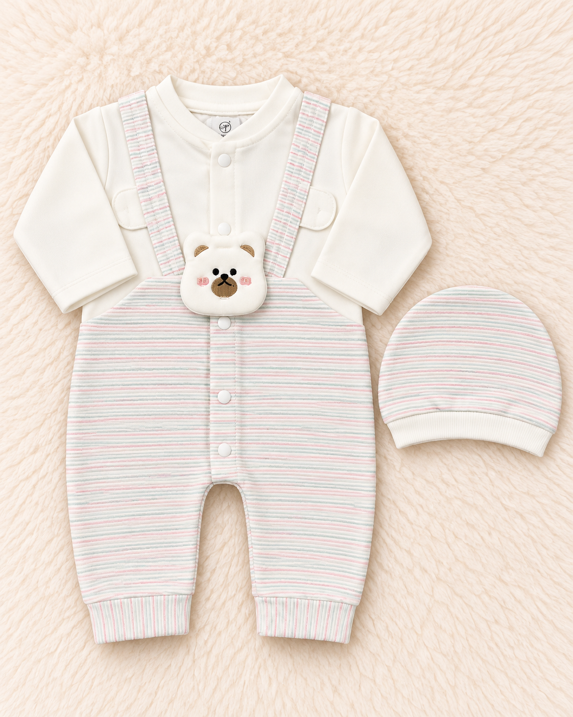 Baby Girl Terry Romper with Bear Pocket & Matching Cap | 0–3 Months | LittleRoots Pakistan