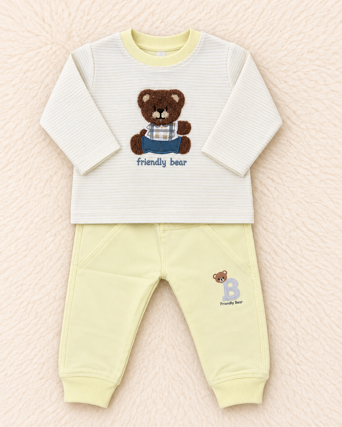 Friendly Bear Baby Boy Terry 2-Piece Set | Embroidered Shirt & Trouser | 3–6 & 6–9 Months | LittleRoots Pakistan