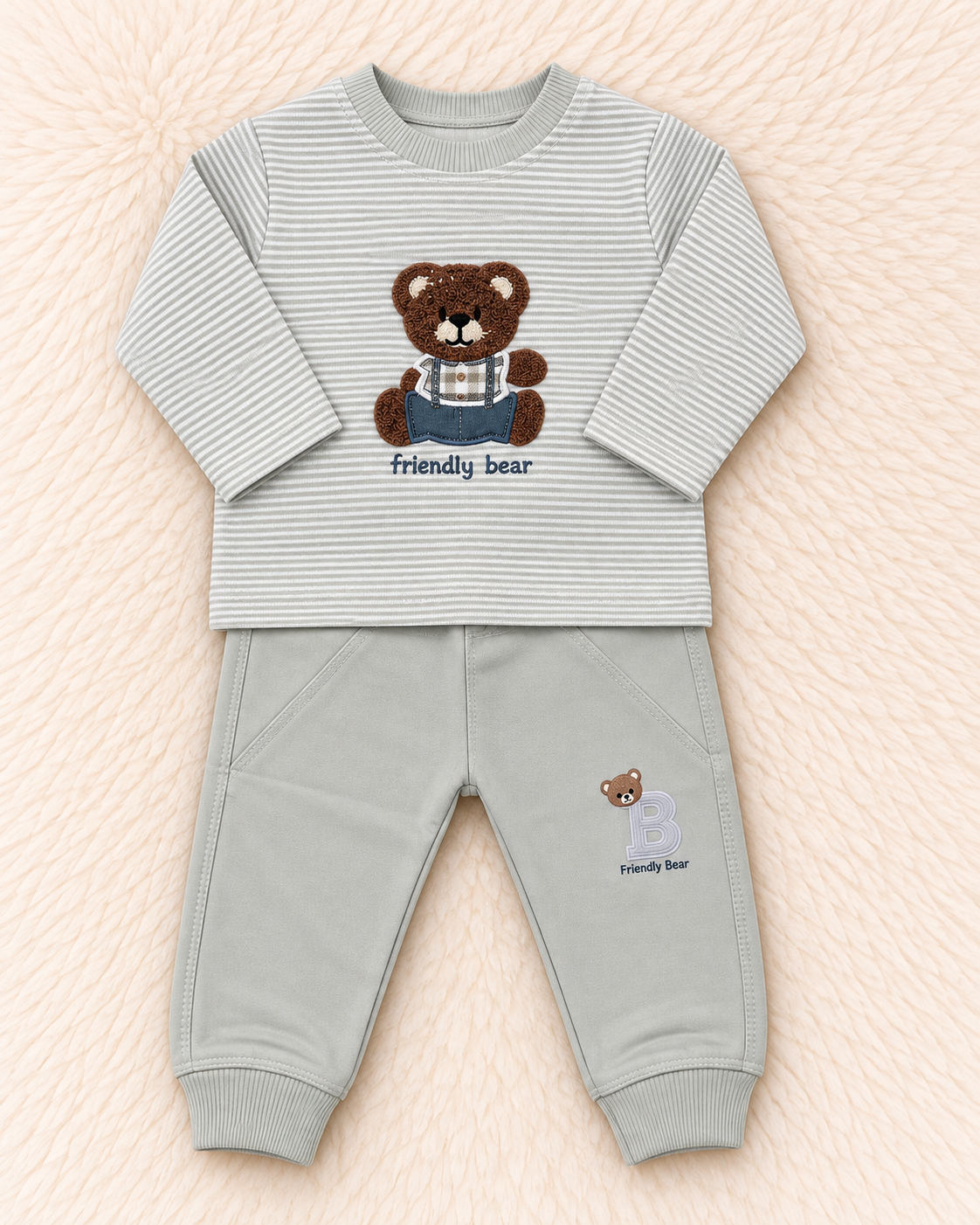 Friendly Bear Baby Boy Terry 2-Piece Set | Embroidered Shirt & Trouser | 3–6 & 6–9 Months | LittleRoots Pakistan