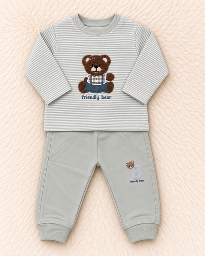 Friendly Bear Baby Boy Terry 2-Piece Set | Embroidered Shirt & Trouser | 3–6 & 6–9 Months | LittleRoots Pakistan