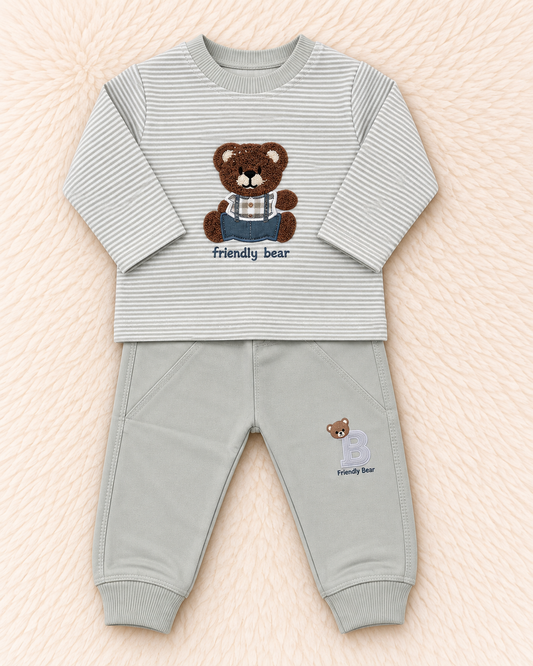Friendly Bear Baby Boy Terry 2-Piece Set | Embroidered Shirt & Trouser | 3–6 & 6–9 Months | LittleRoots Pakistan