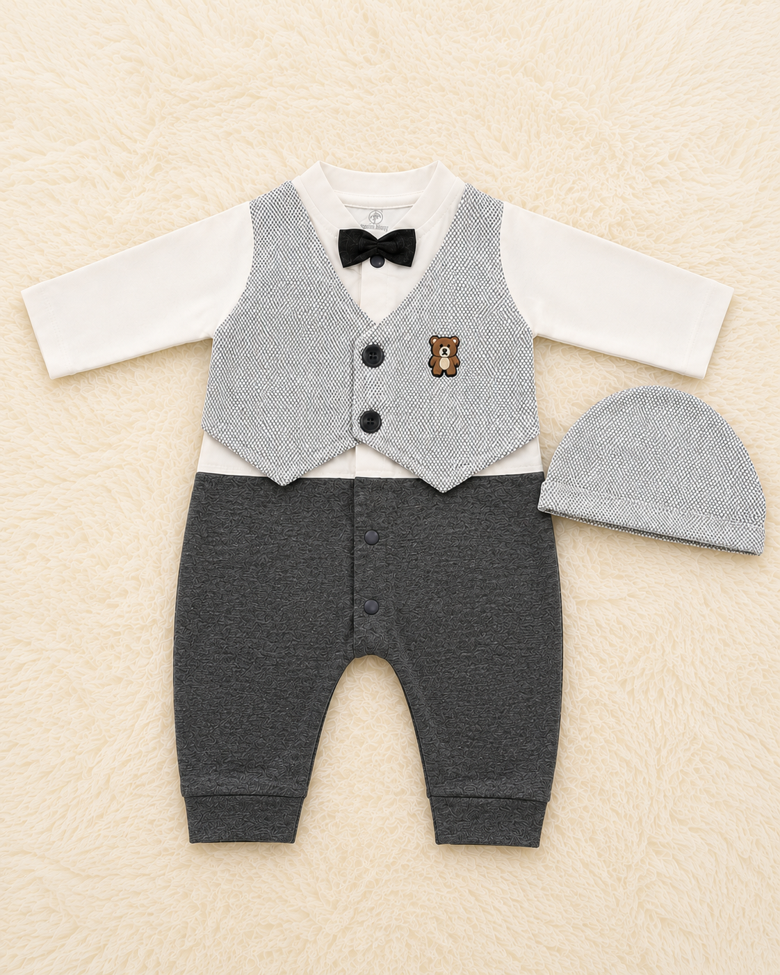 Newborn Baby Boy Formal Romper with Matching Beanie Cap – Super Soft Cotton