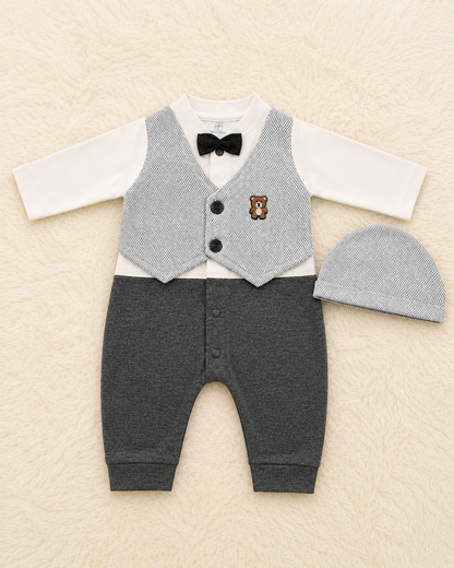 Newborn Baby Boy Formal Romper with Matching Beanie Cap – Super Soft Cotton
