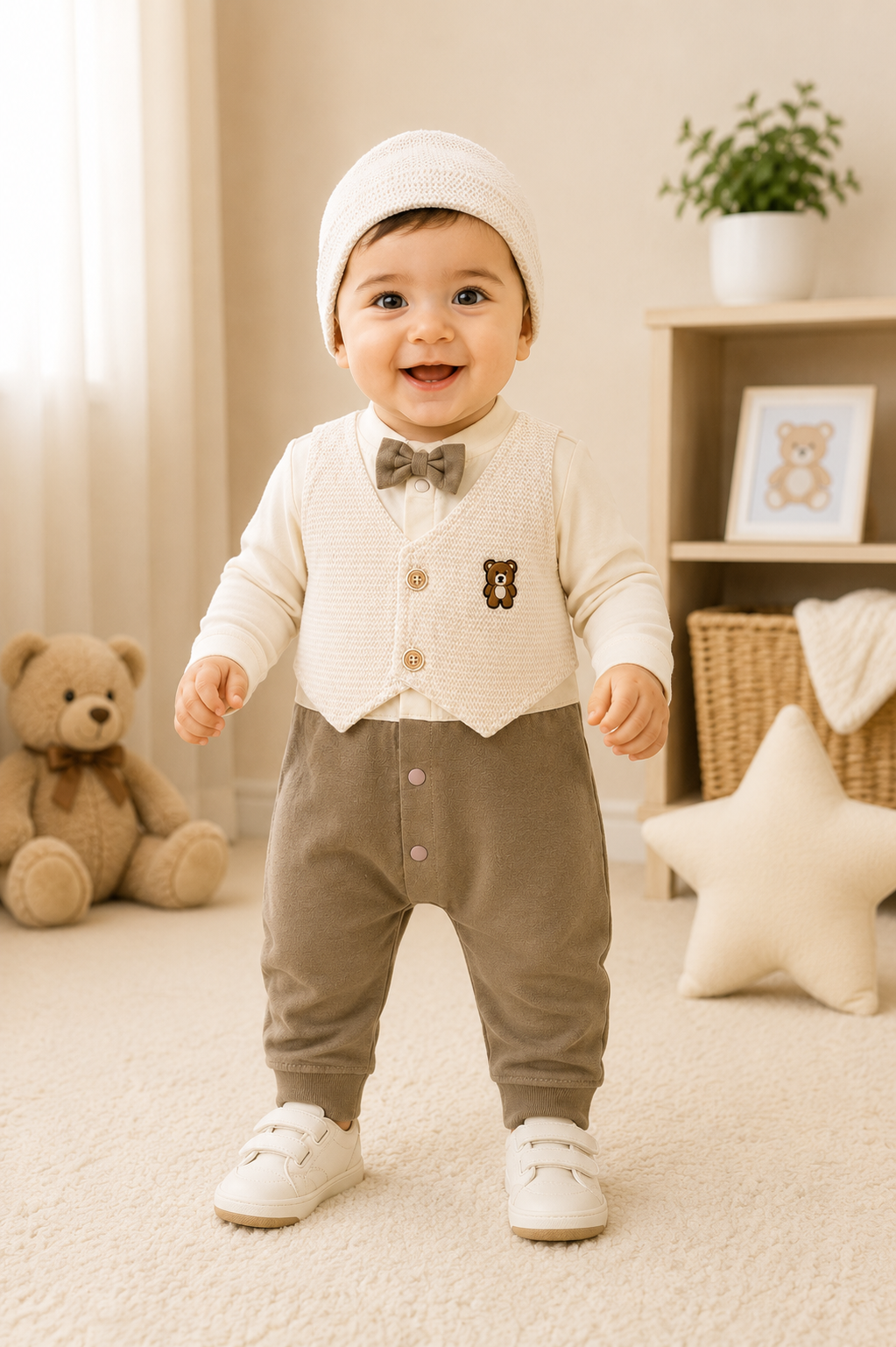 Newborn Baby Boy Formal Romper with Matching Beanie Cap – Super Soft Cotton