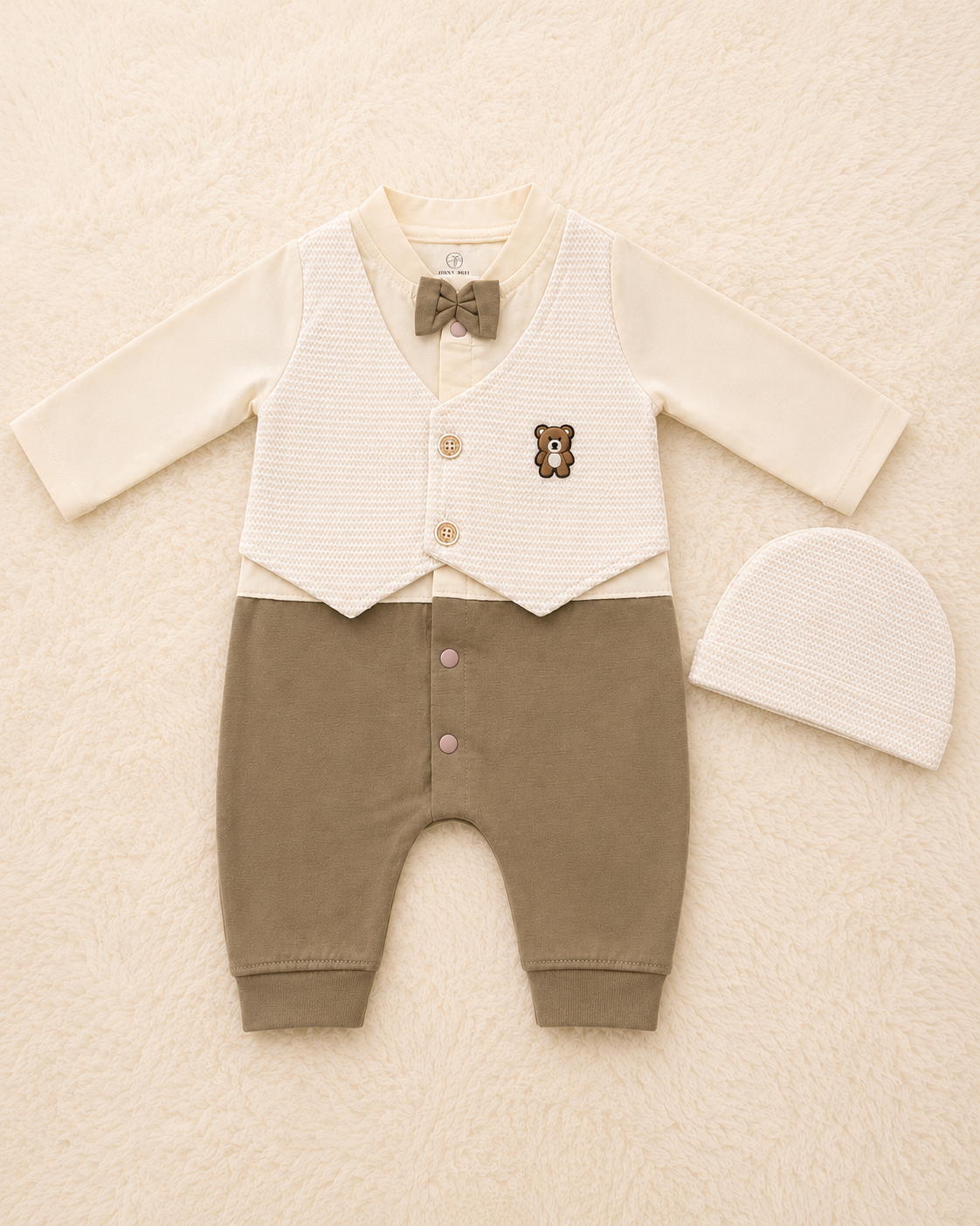 Newborn Baby Boy Formal Romper with Matching Beanie Cap – Super Soft Cotton