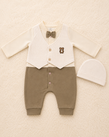 Newborn Baby Boy Formal Romper with Matching Beanie Cap – Super Soft Cotton