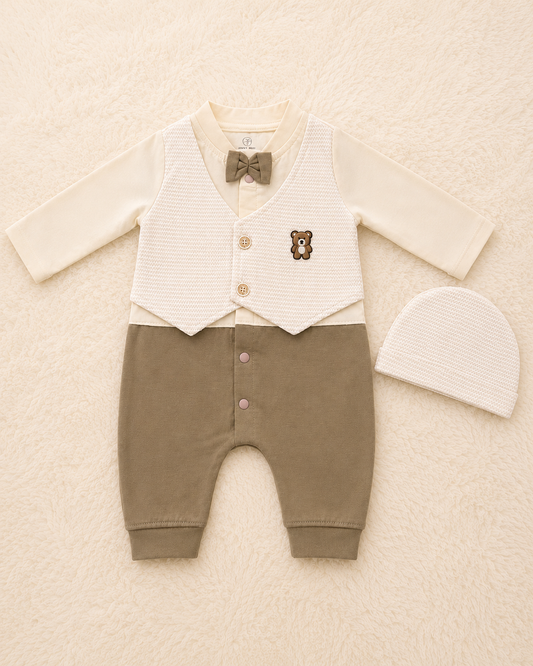 Newborn Baby Boy Formal Romper with Matching Beanie Cap – Super Soft Cotton