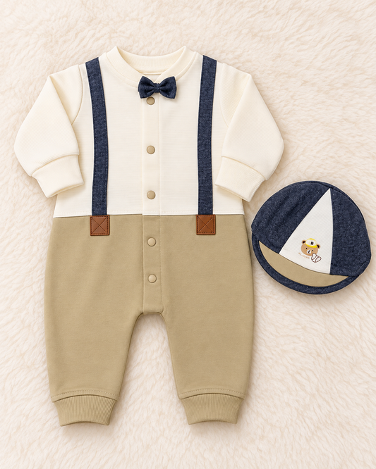 Gentleman Baby Boy Terry Romper & Matching Cap | Premium Imported Set | 0–3 Months | LittleRoots Pakistan