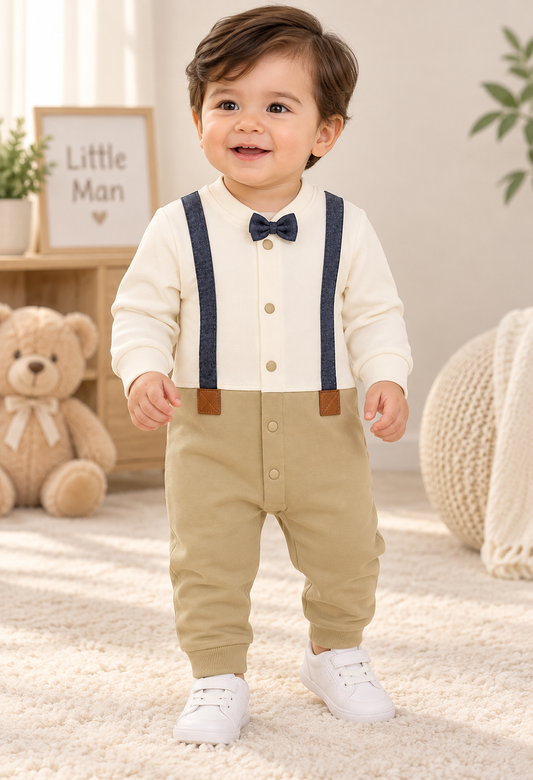 Gentleman Baby Boy Terry Romper & Matching Cap | Premium Imported Set | 0–3 Months | LittleRoots Pakistan
