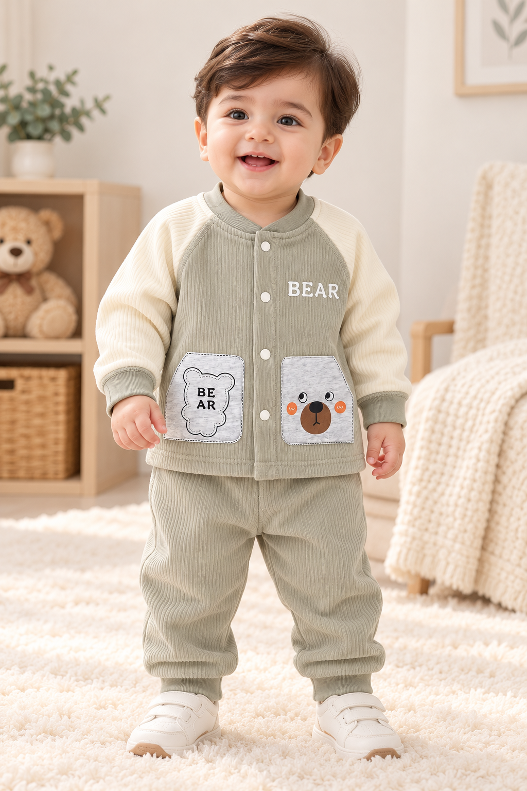Imported Warm Velvet Baby Trouser & Shirt Set with Towel Fabric Inside – Bear Design