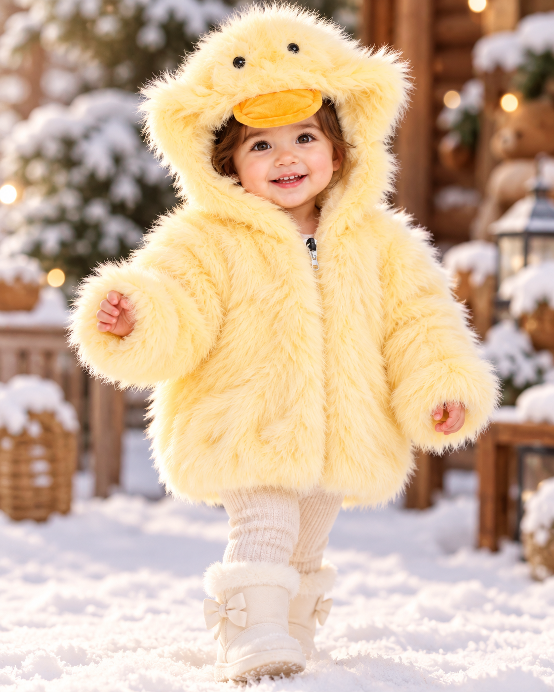 Imported Girls' Fluffy Duck Hooded Winter Jacket – Pink, White, Yellow & Beige