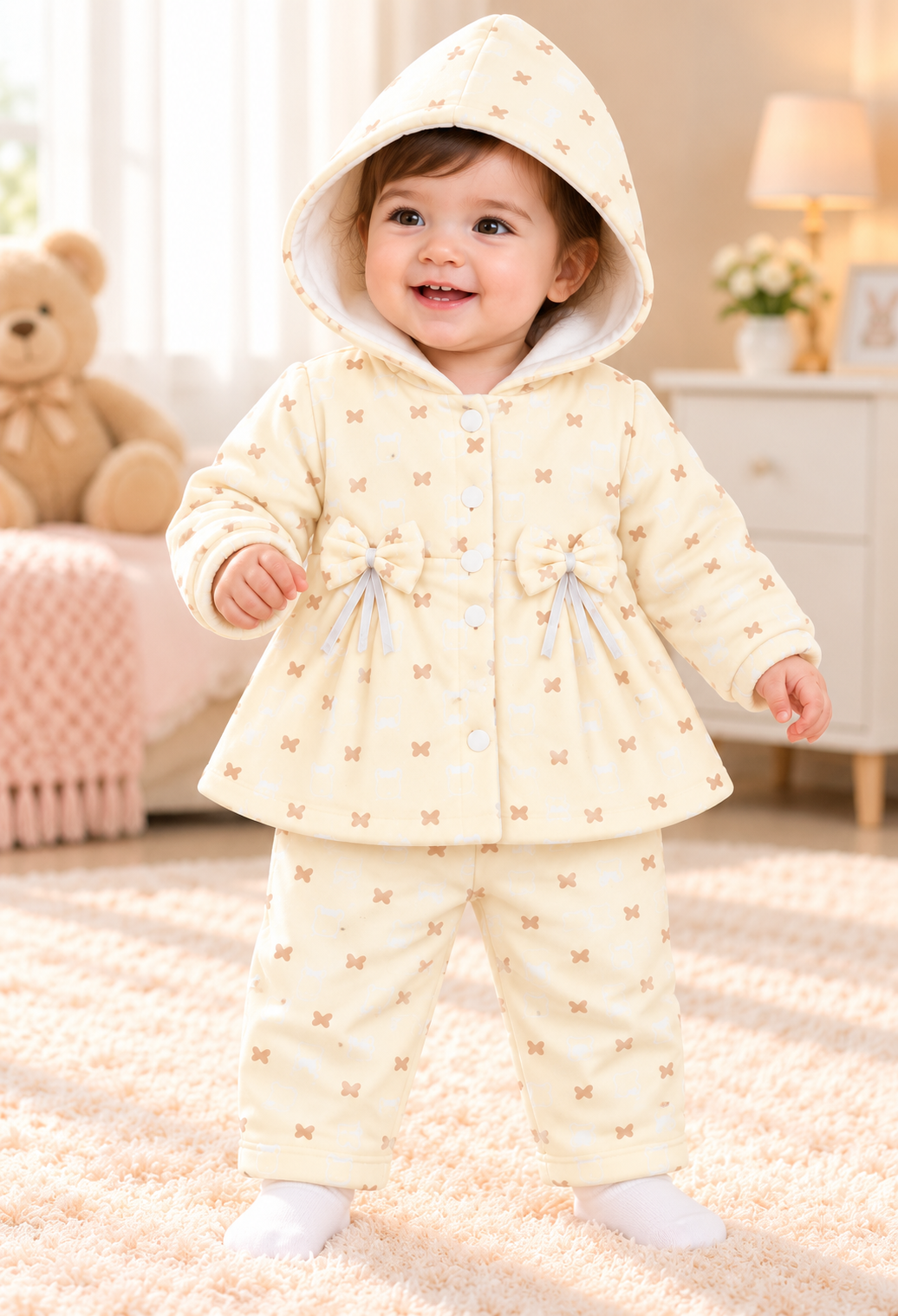 Imported Baby Girl Butterfly Print Hooded Frock with Trousers – 2-Piece Set
