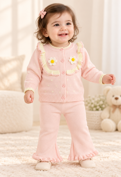 Tea Pink Woollen Baby Girl 2-Piece Set – Floral Ruffle