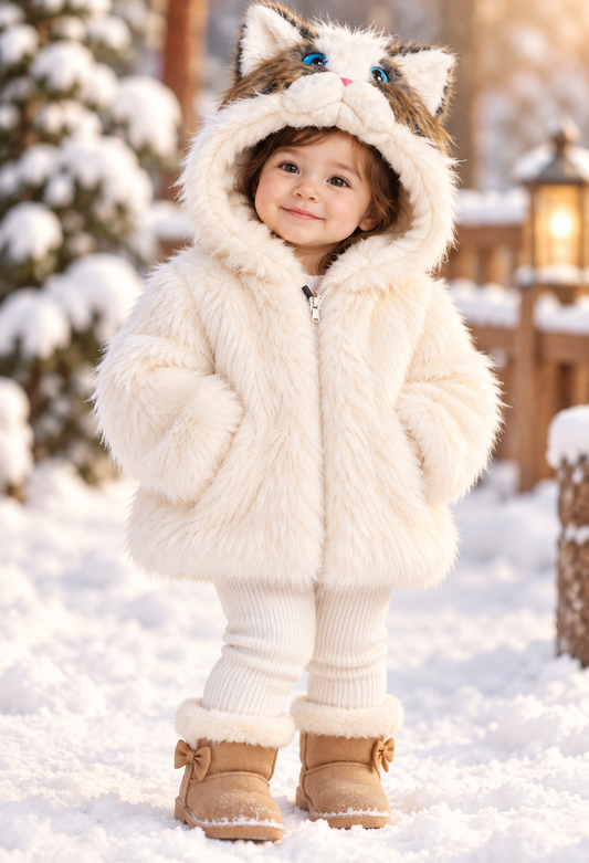 Imported Girls' Fluffy Cat Hooded Winter Jacket – Cream
