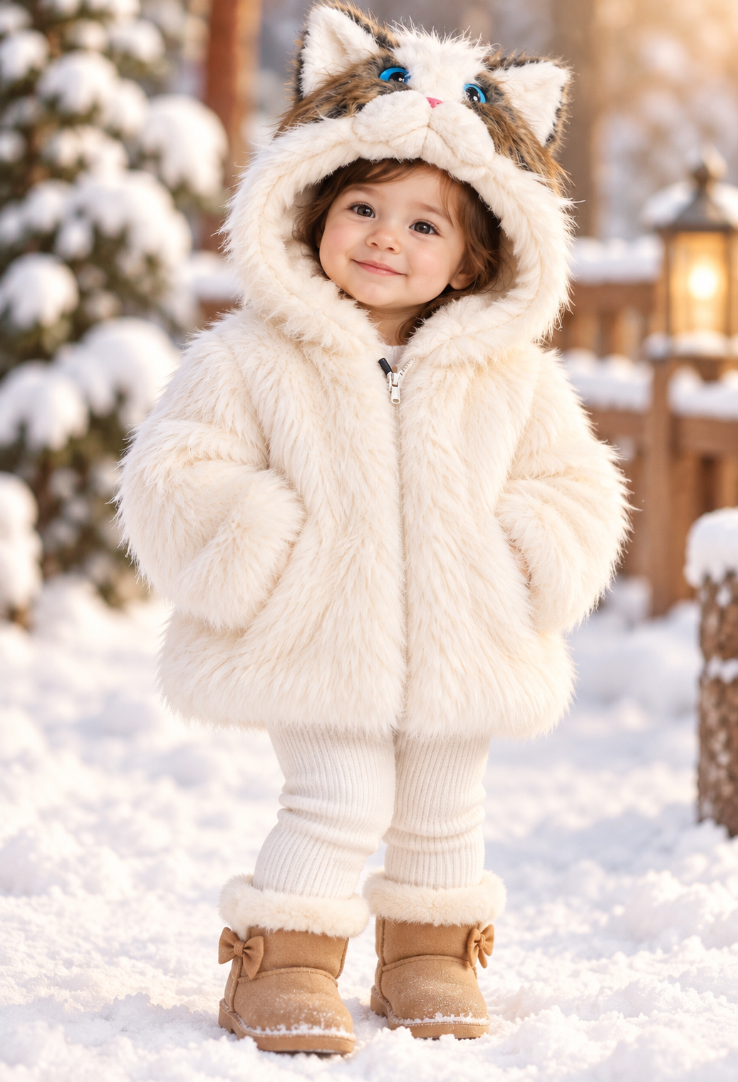 Imported Girls' Fluffy Cat Hooded Winter Jacket – Cream