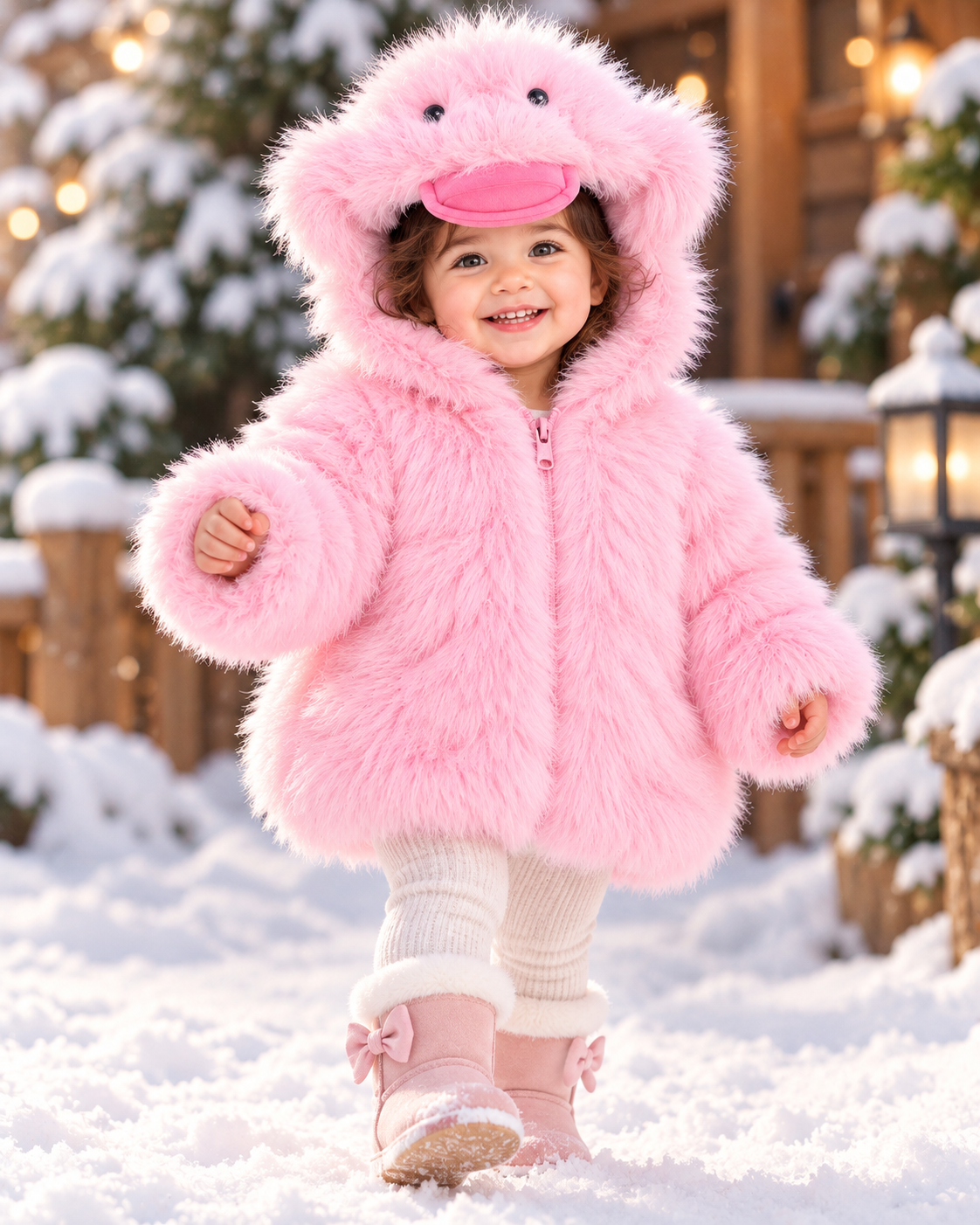 Imported Girls' Fluffy Duck Hooded Winter Jacket – Pink, White, Yellow & Beige