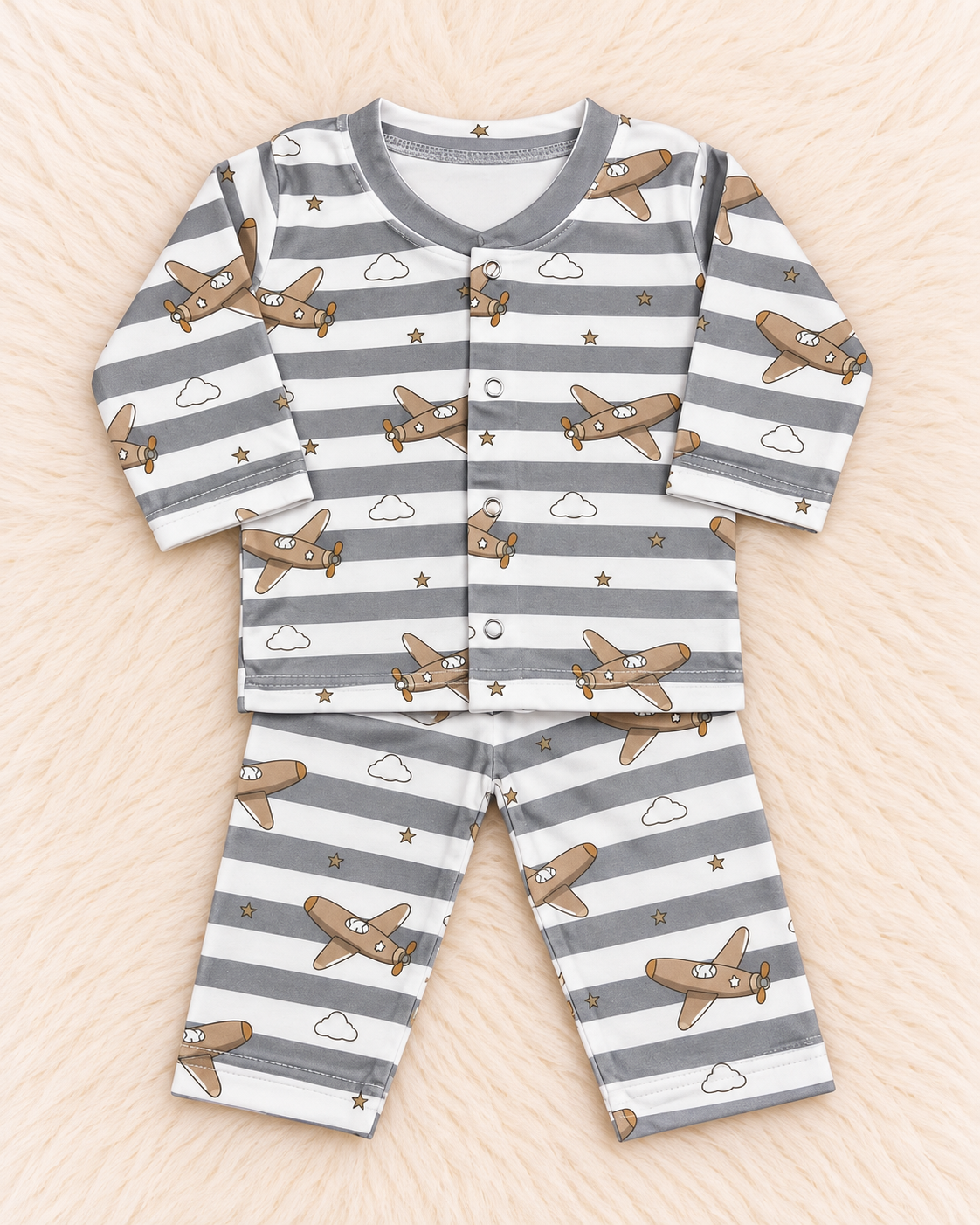 Imported Baby Terry Shirt & Trouser Set – Airplane Print | 0–3 Months