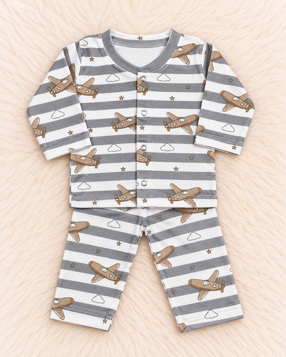 Imported Baby Terry Shirt & Trouser Set – Airplane Print | 0–3 Months