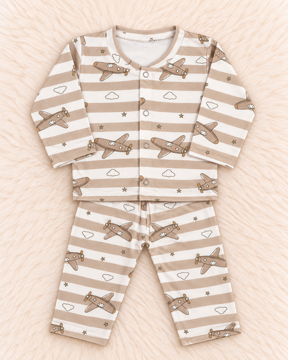 Imported Baby Terry Shirt & Trouser Set – Airplane Print | 0–3 Months