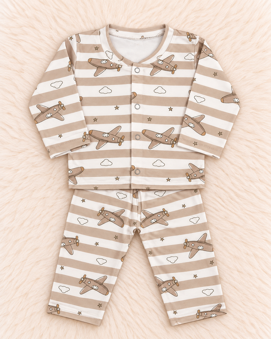Imported Baby Terry Shirt & Trouser Set – Airplane Print | 0–3 Months