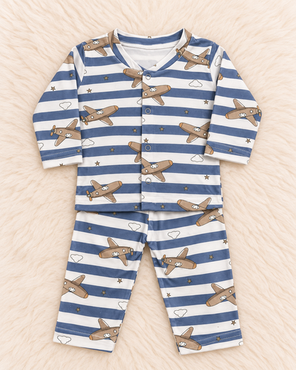 Imported Baby Terry Shirt & Trouser Set – Airplane Print | 0–3 Months