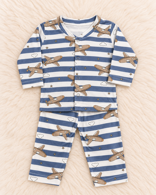 Imported Baby Terry Shirt & Trouser Set – Airplane Print | 0–3 Months