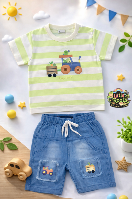 Baby Boy Tractor Print T-Shirt & Denim Shorts Set – Summer Outfit (2 Piece)