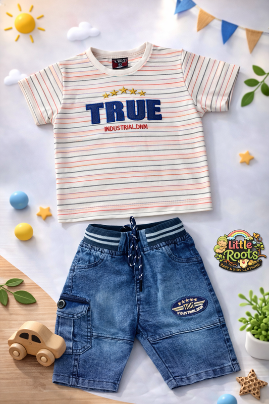 Baby Boy TRUE Striped T-Shirt & Denim Shorts 2-Piece Summer Set