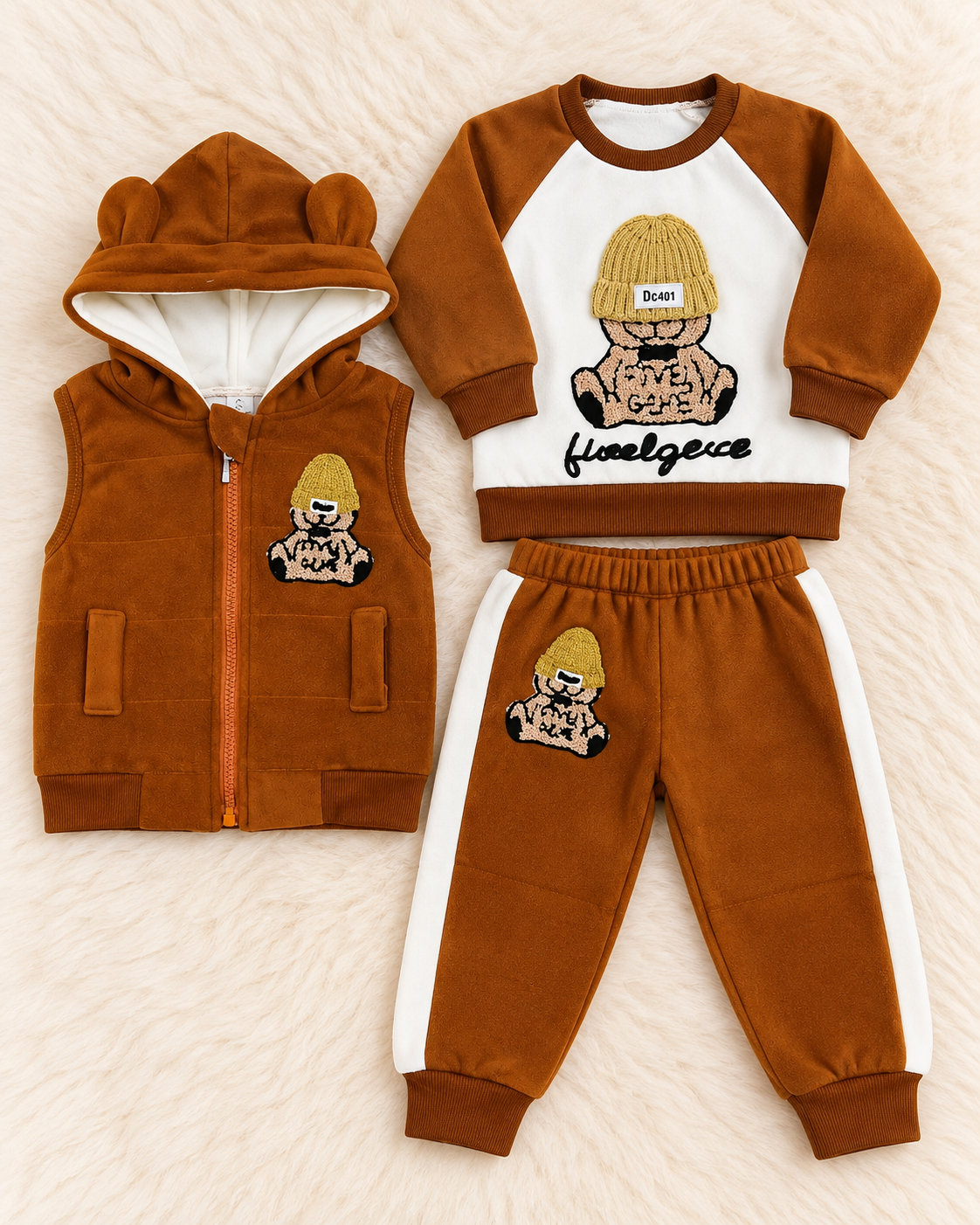 Imported Warm Teddy Bear 3-Piece Winter Suit– Shirt, Trouser & Hooded Jacket