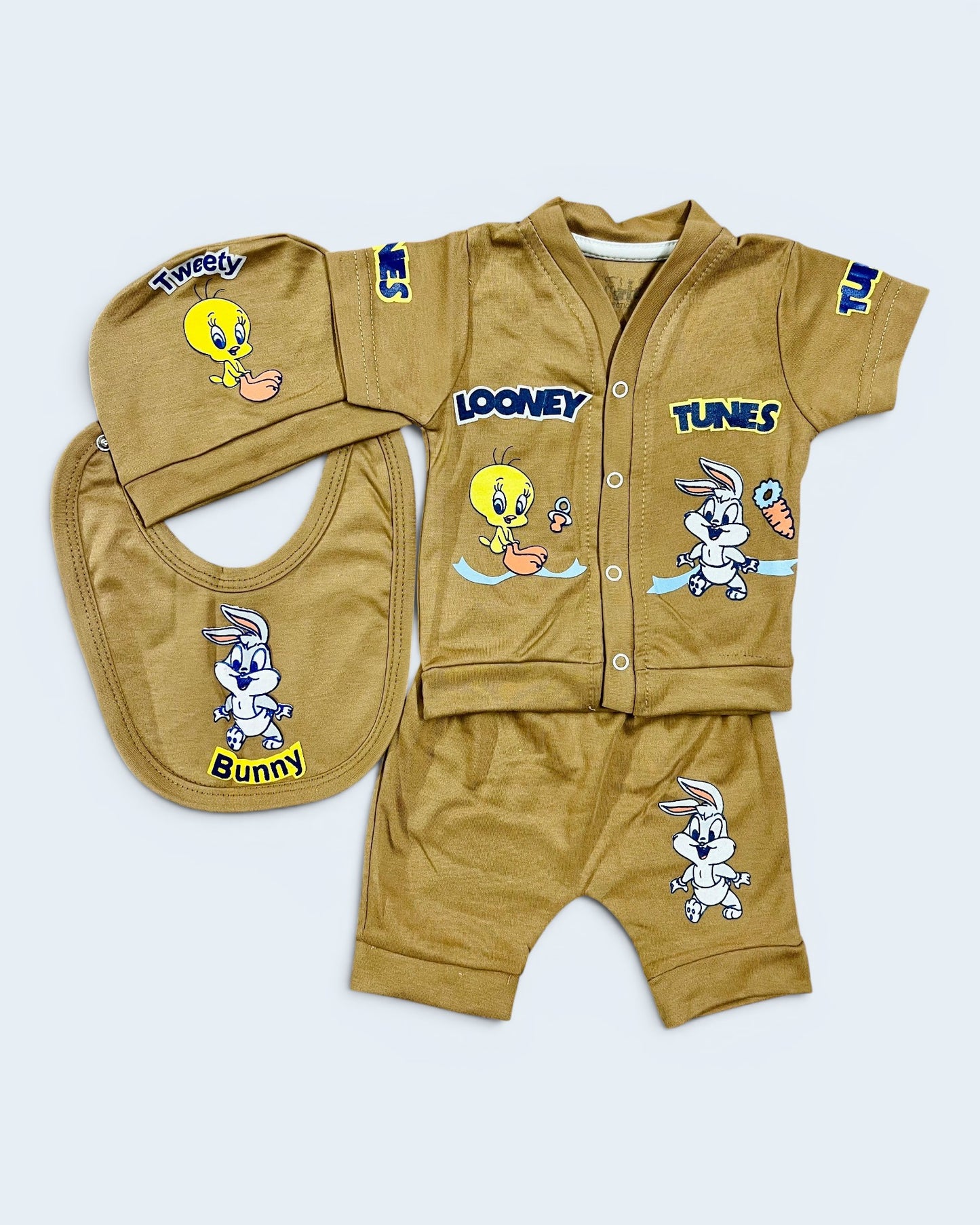 Looney Tunes Newborn Baby Boy 4-Piece Gift Set – Shirt, Shorts, Cap & Bib | 0-3 Months