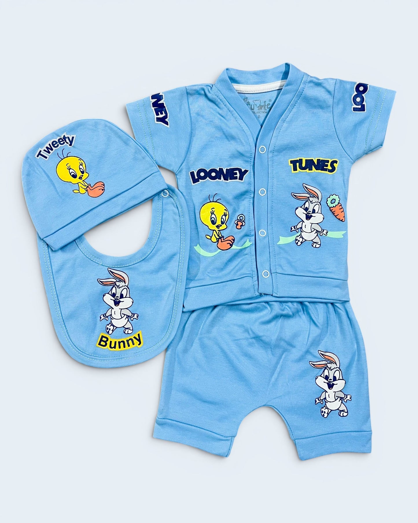 Looney Tunes Newborn Baby Boy 4-Piece Gift Set – Shirt, Shorts, Cap & Bib | 0-3 Months