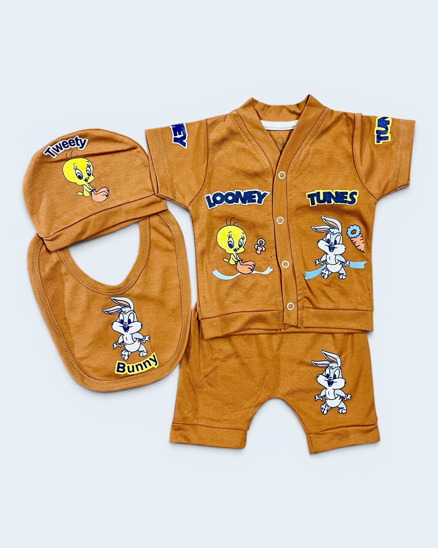 Looney Tunes Newborn Baby Boy 4-Piece Gift Set – Shirt, Shorts, Cap & Bib | 0-3 Months