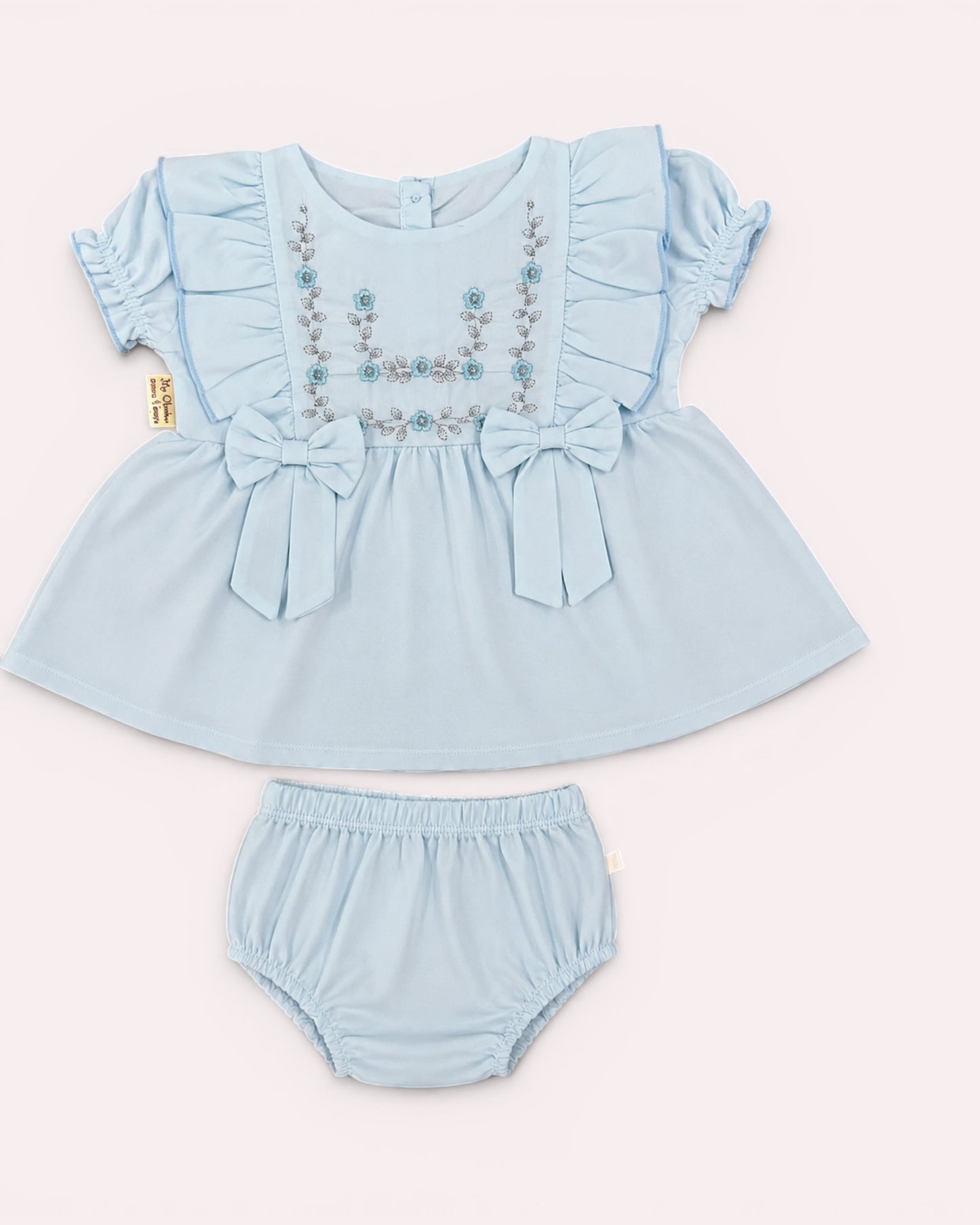 Elegant Floral Embroidered Baby Girl Dress Set with Bloomers | 0-12 Months