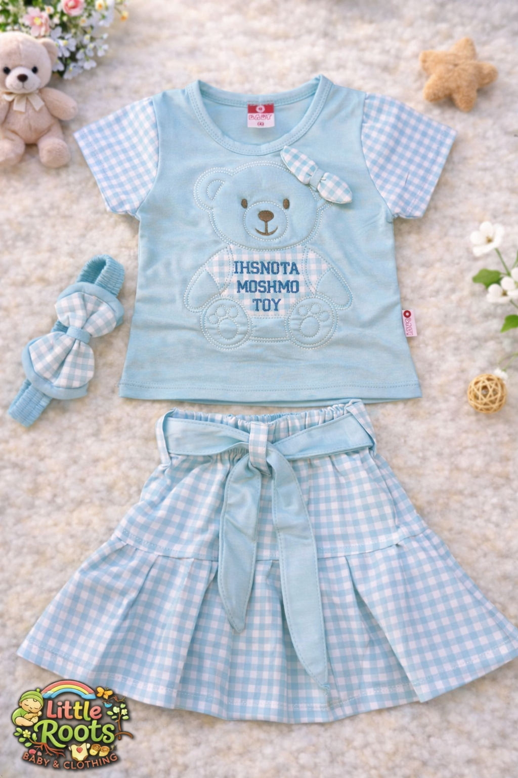 Baby Girl Bear Shirt & Skirt Set – 3 Piece Outfit with Headband
