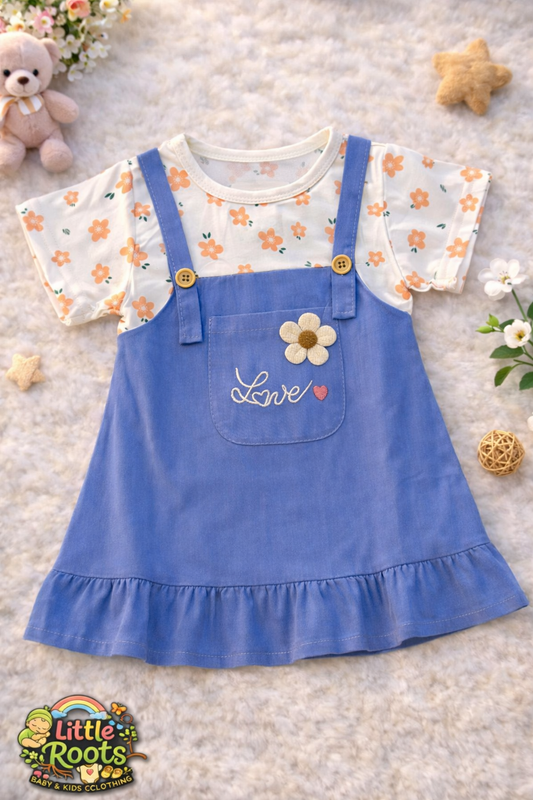 Baby Girl Blue Pinafore Style Frock with Floral Design – Summer Dress