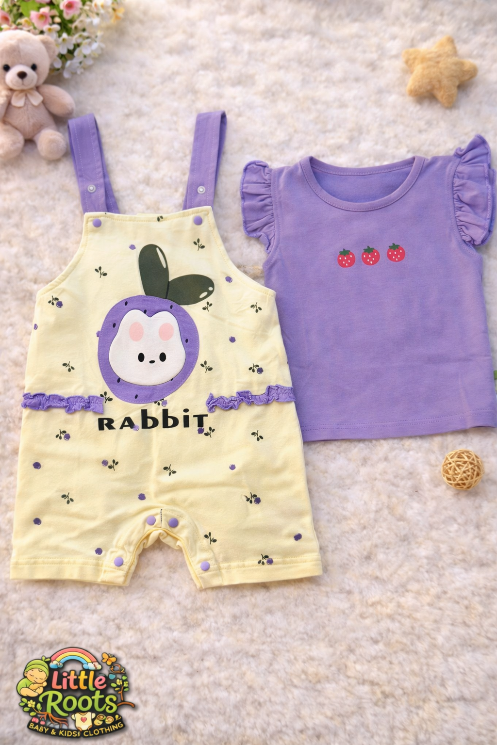 Baby Girl Rabbit Romper with Purple T-Shirt – 2PCS Summer Outfit