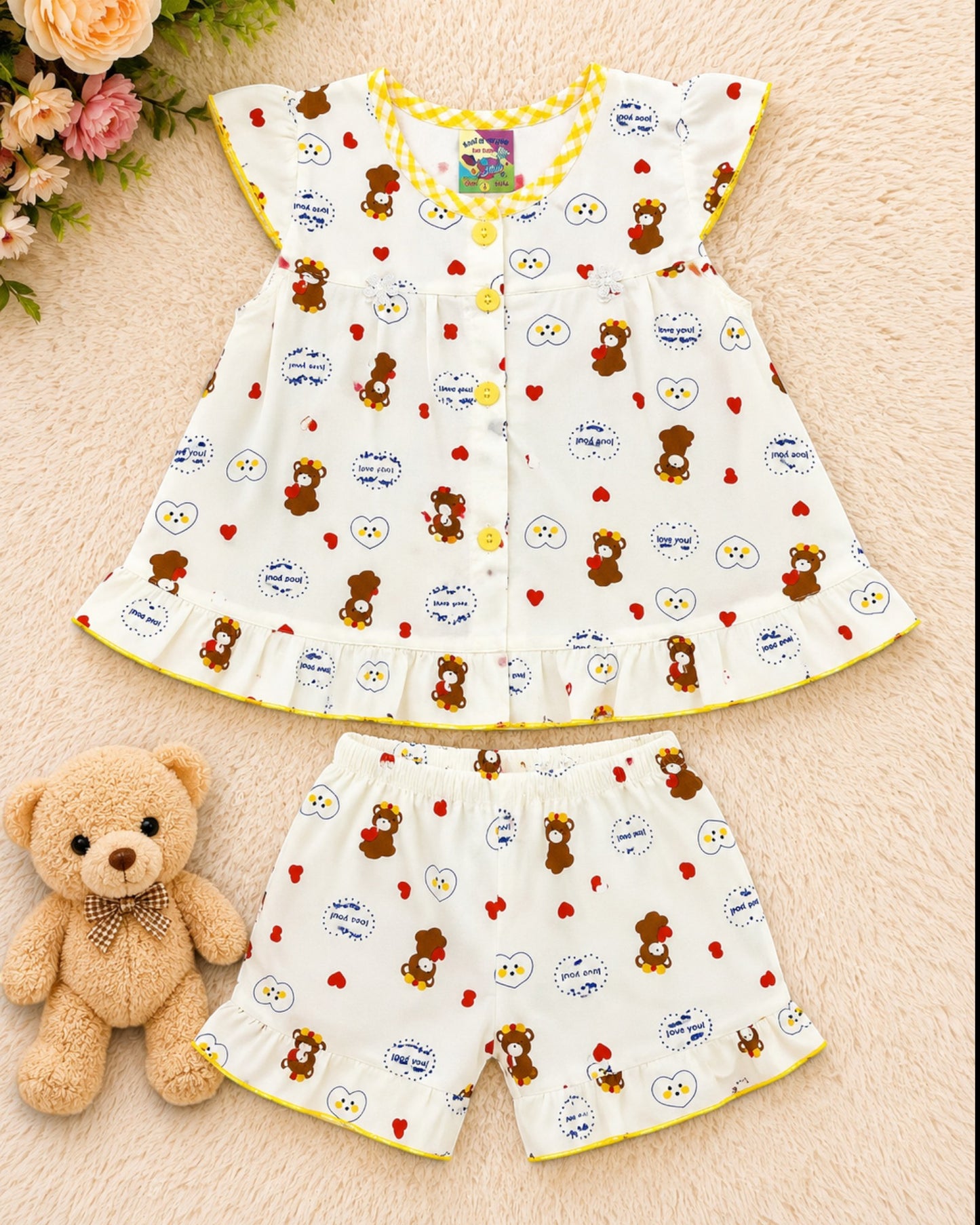 Imported Teddy Love Baby Girl Summer Co-Ord Set – Soft Cotton 2 Piece Outfit (0-3 Months, 3-6 Months)