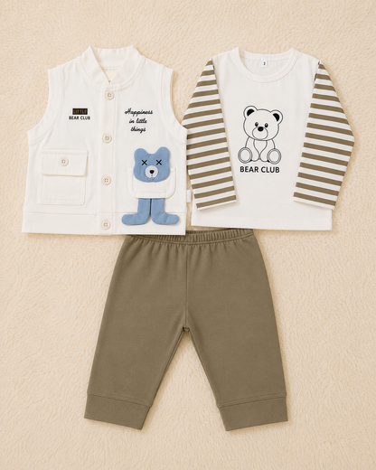 Little Bear Club 3 Piece Baby Boy Outfit Set – Bear Print T-Shirt, Vest & Pants (3–9 Months)