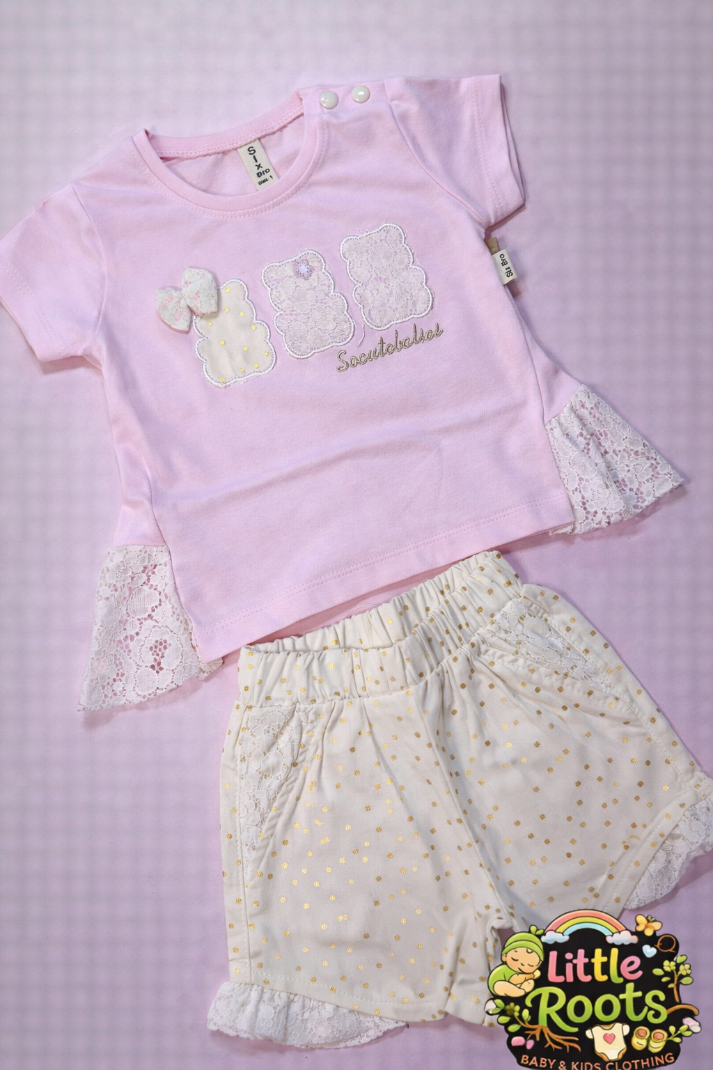 Baby Girl Lace T-Shirt & Gold Dot Shorts Set – 2 Piece Summer Outfit (Pink, Yellow & Sky Blue)