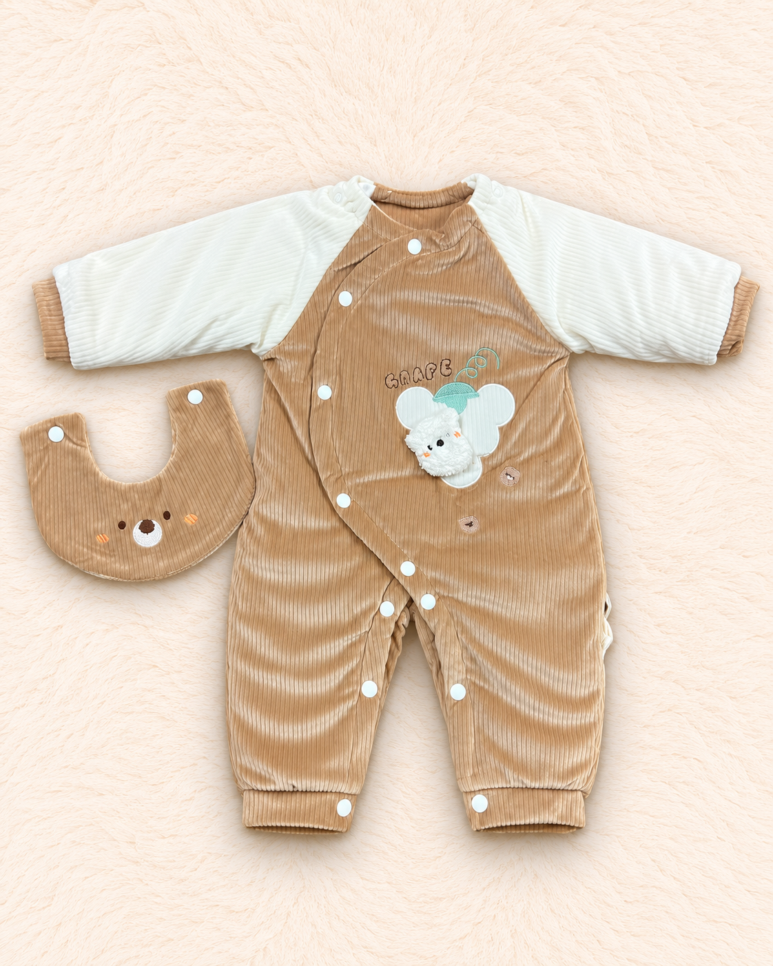 Warm Quilted Velvet Baby Romper with Detachable Bib | Imported
