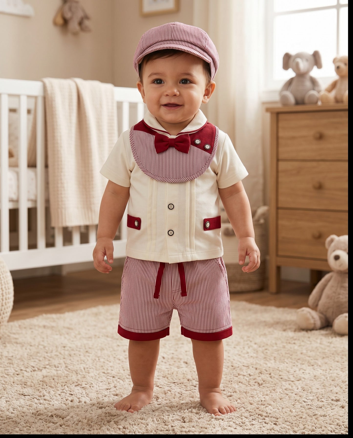 Baby Boy Formal 4-Piece Outfit Set with Bow Tie & Cap (0–3 Months) | Little Roots Pakistan