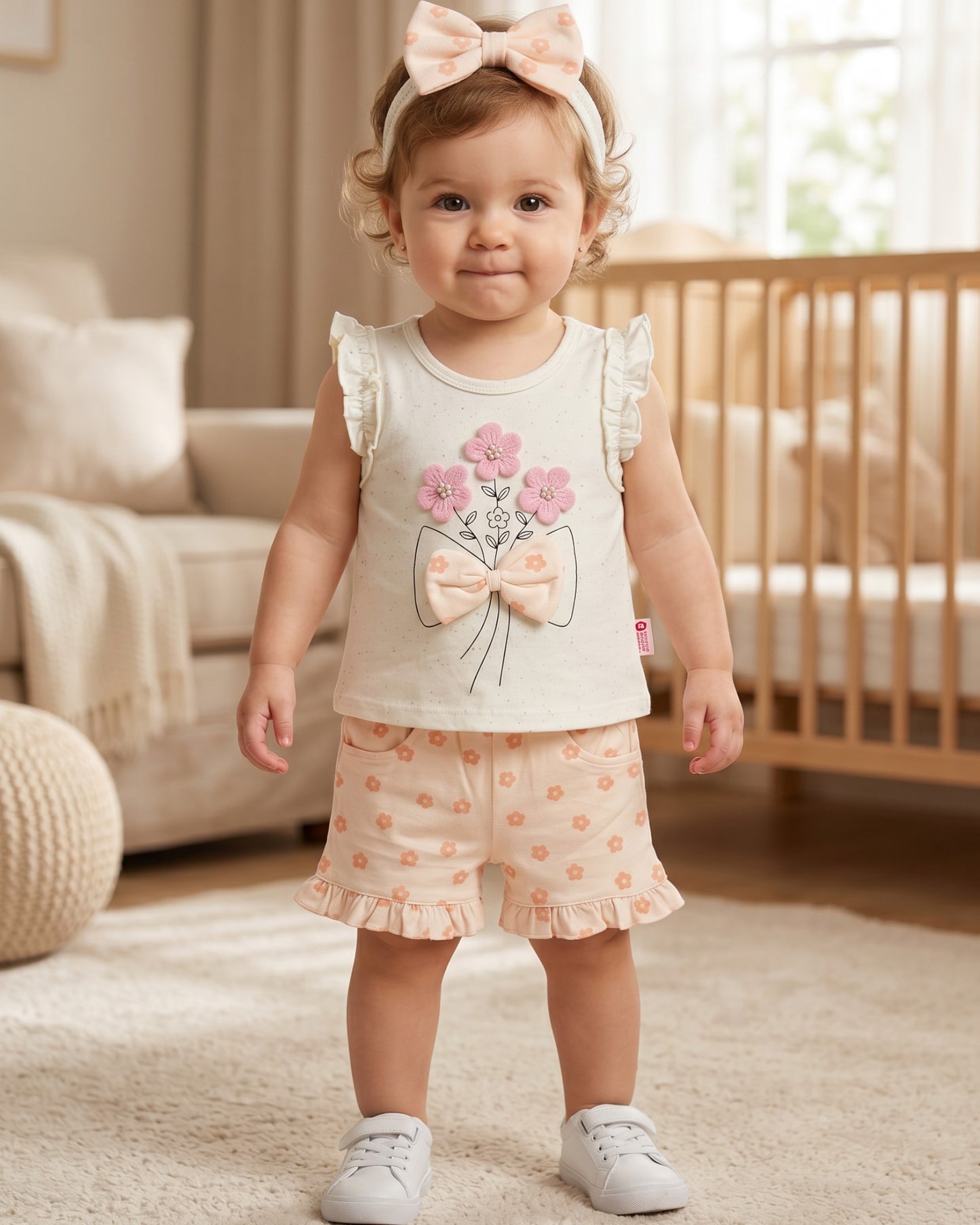 Baby Girls Floral Bow Summer Outfit Set with Headband (3-12 Months)