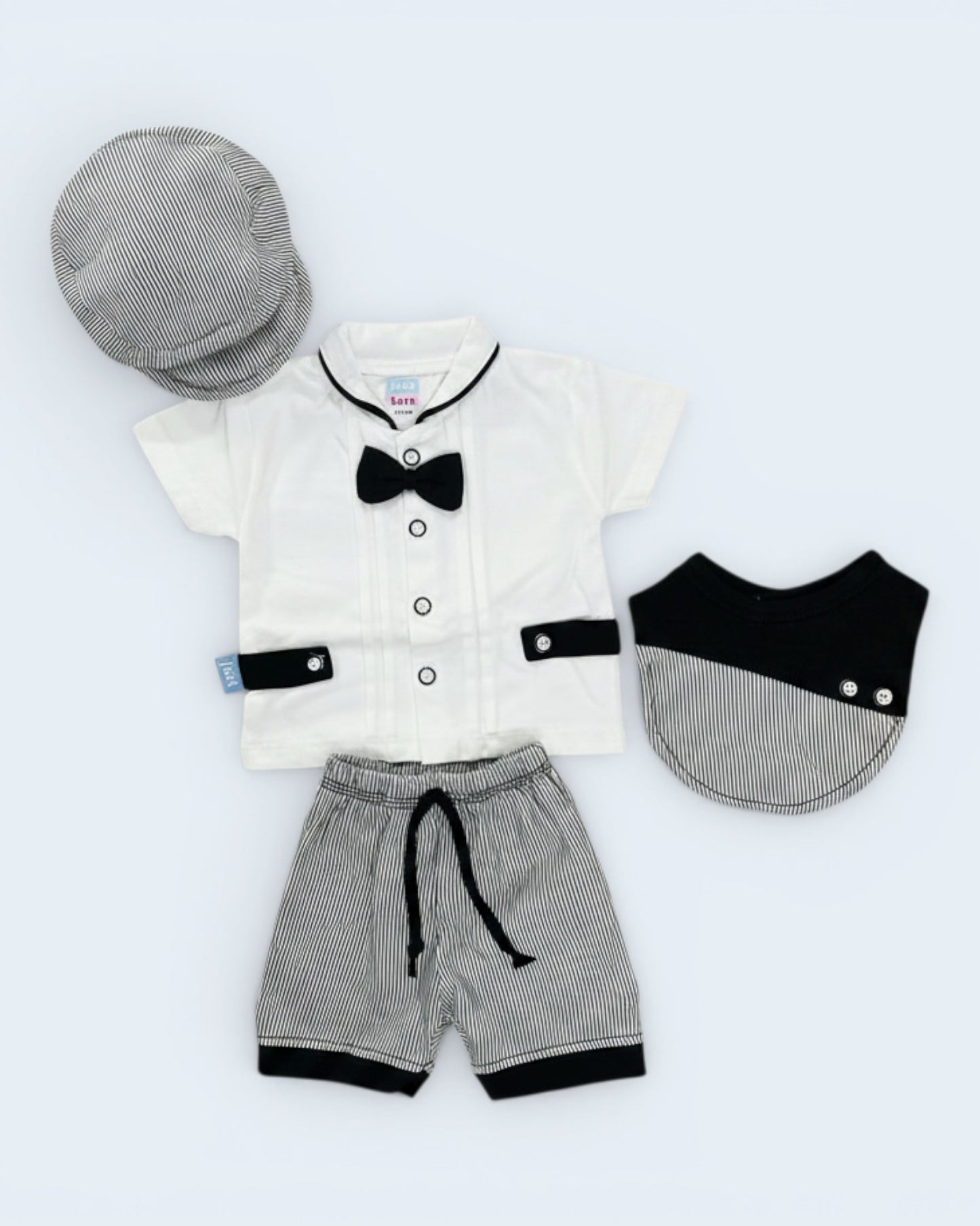 Baby Boy Formal 4-Piece Outfit Set with Bow Tie & Cap (0–3 Months) | Little Roots Pakistan