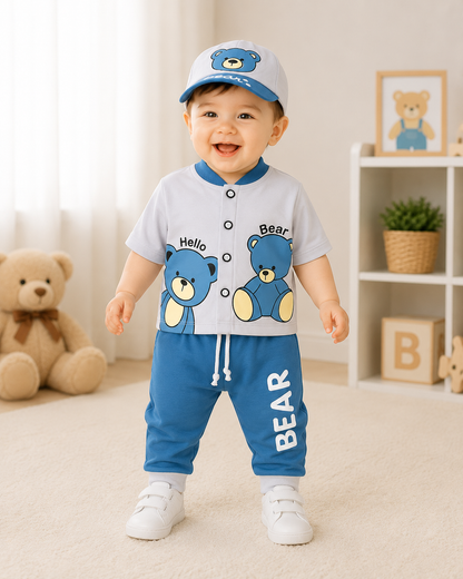 Just Born 4 Piece Newborn Baby Boy Bear Set | Soft Cotton Shirt, Trouser, Cap & Bib – LittleRoots Pakistan