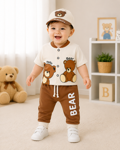 Just Born 4 Piece Newborn Baby Boy Bear Set | Soft Cotton Shirt, Trouser, Cap & Bib – LittleRoots Pakistan