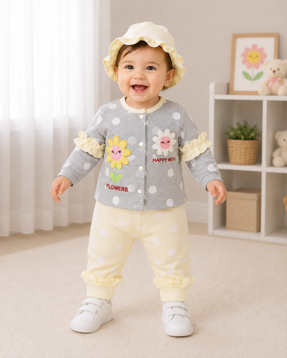 Just Born 3 Piece Baby Girl Starter Set – Soft Cotton Newborn Dress Set with Cap | LittleRoots Pakistan